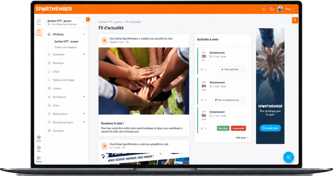Le fil d'actualité de l'équipe dans SportMember sur ordinateur
